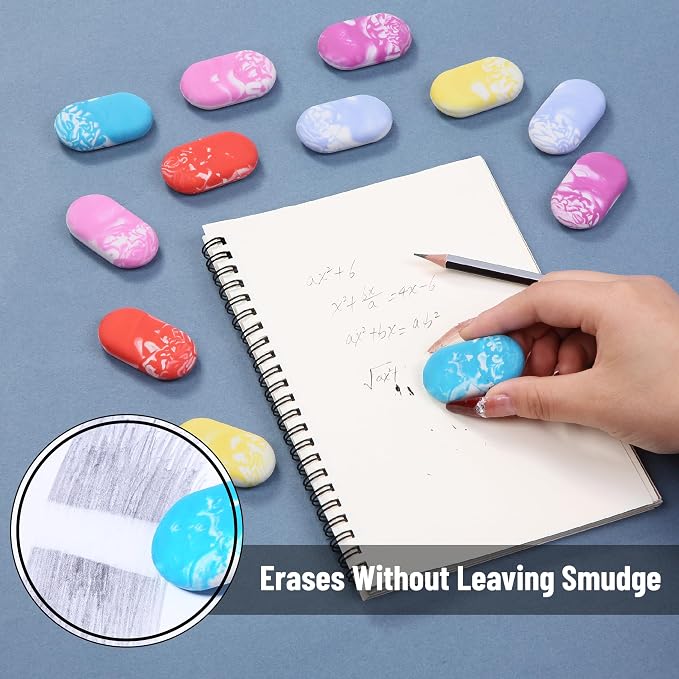 Mr. Pen- Marble Pencil Erasers, 12 Pack, 1" x 2" | Soft Rubber Marble Pencil Erasers for School, Office, Art Sketching, Homework, Exams, Clean Smudge-Free Correction