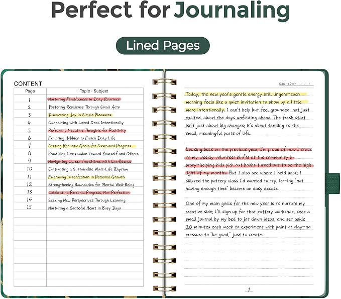 AHGXG Spiral Journal Notebook, 160 Lined Pages, A5 Medium Size (5.7'' x 8.3''), for Men & Women, Journaling, Writing, Work & Office, Hardcover, 100 GSM Thick Paper (Golden Emerald Leaves)
