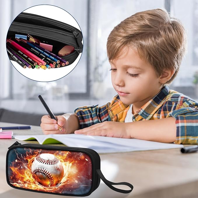 TILYTADLY Large Pencil Case for Boys - Baseball Boys Pencil Pouch with Zipper Compartments - Big Capacity Pen Box Pen Bag Organizer with Keychain for Kids Teens School