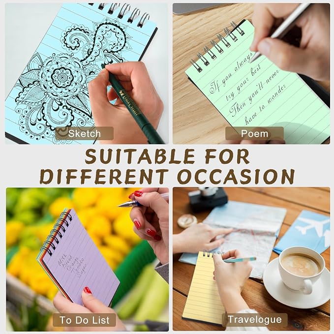 Tenceur 36 Pcs Pocket Notebook Small 3x5 Inch Black Cover Colorful Page Top Spiral Notepads Bound Notebook with Lined 120 Pages Mini Memo Pads for Office College Nurse Essentials Back to School Gift