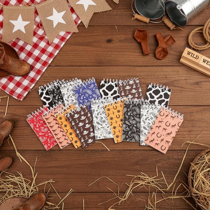 Teling 24 Pcs Western Cowboy Cowgirl Party Favors Spiral Notebooks, 8 Styles Country Style Small Notepads, Mini Decorative Memo Pads West-themed Stationery, Country-style Decor, Themed Party Supplies