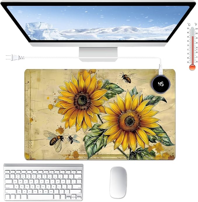 Heated Desk Pad Large Mouse Pad 23.6 x 14.1 inch with 3 Levels Heating & Auto Shut-Off Warm Mouse pad PU Leather Computer Mousepad for Home Office Work - Cute Bee Sunflower