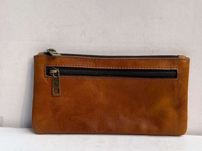 Vintage Leather Pencil Case Pouch, Pen Pouch for Work & University, for Men,Women/Leather Pencil Cases for Adults Perfect for Office/Tool Pouch Zipper Bag, Small Tool Bag (Light Tan)