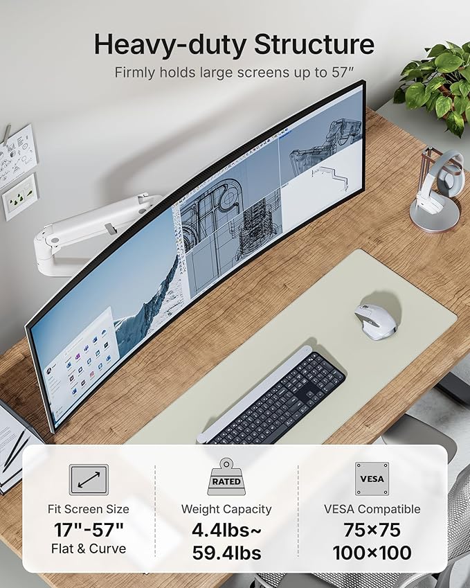 monTEK Heavy Duty Monitor Arm, 17-57" Ultrawide, Gas Spring, 59.4 lbs，White | Desk Monitor Mount Holds 49" 57" Ultrawide Curved Screen Up to 59.4 lbs with No Sag,Clamp & Grommet Arm,75/100 VESA