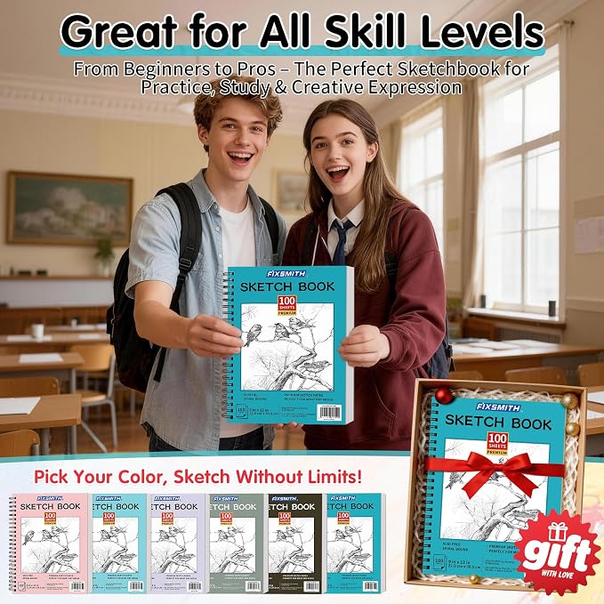 FIXSMITH 9"X12" Teal Sketch Book, 100 Sheets (68 lb/100gsm) Spiral Sketchbook, Acid Free Drawing Paper, Sketch Pad for Beginners,Artists & Professionals, Bright White
