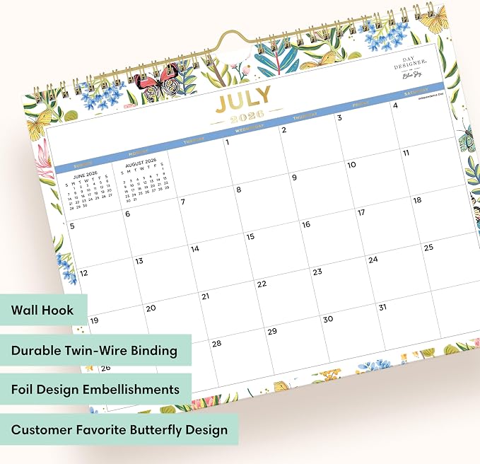 Blue Sky 2026-2027 Monthly Academic Wall Calendar, 11"x8.75", Flutter | July 2026 - June 2027, Durable Twin Wire Binding, For Office And Classroom, Academic Year, Day Designer
