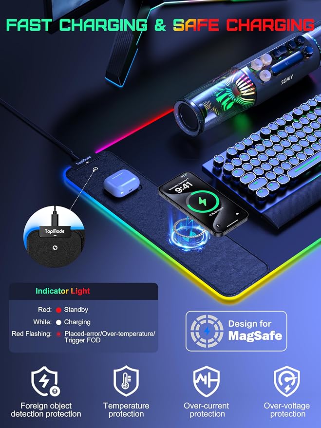 TopMade Wireless Charging RGB Mouse Pad, Waterproof Gaming Desk Pad with 4 Light Modes & 11 RGB Colors, Ultra-Smooth Surface, Non-Slip Base, 31.5"x15.75" XXL Large Desk Mat for MacBook, PC, Laptop
