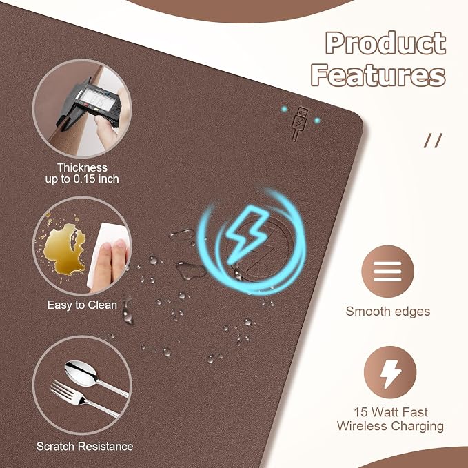 Wireless Charging Mouse Pad 2 in 1 Leather Multifunctional Office Desk Pad with Non-Slip Rubber Base, Waterproof Desk Pad for Computers/Office/Work/Home/Decor 36" x 17" Brown