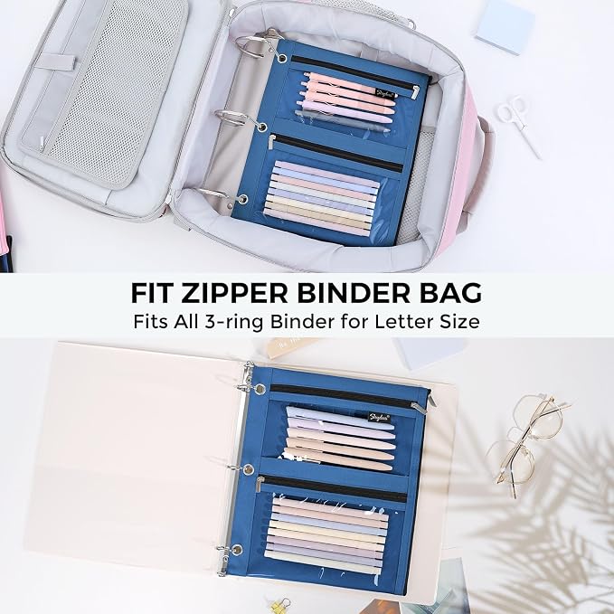 SKYDUE Binder Pencil Pouch for 3 Ring Binder, 3 Compartment Zipper Case, Large Capacity Pen Organizer with Clear PVC Window for School Supplies, Students, Kids & Teachers