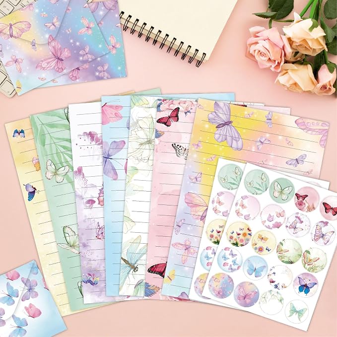 FUNCLASS 160 Pcs Butterfly Stationery Set Letter and Envelopes | 50 Lined Stationery Paper and 50 Matching Envelopes , 5.5 x 8.25 Inches Letter Writing Stationery for Home, Office, School