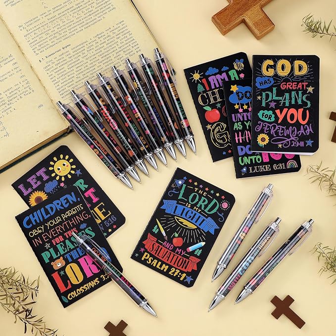 Colarr 12 Sets Christian Bulk Gifts for Women Bible Verse Pens Notebooks Religious VBS Scripture Ballpoint Pens Bookmarks Journal for Easter Sunday School Church Inspirational Supply(Retro)