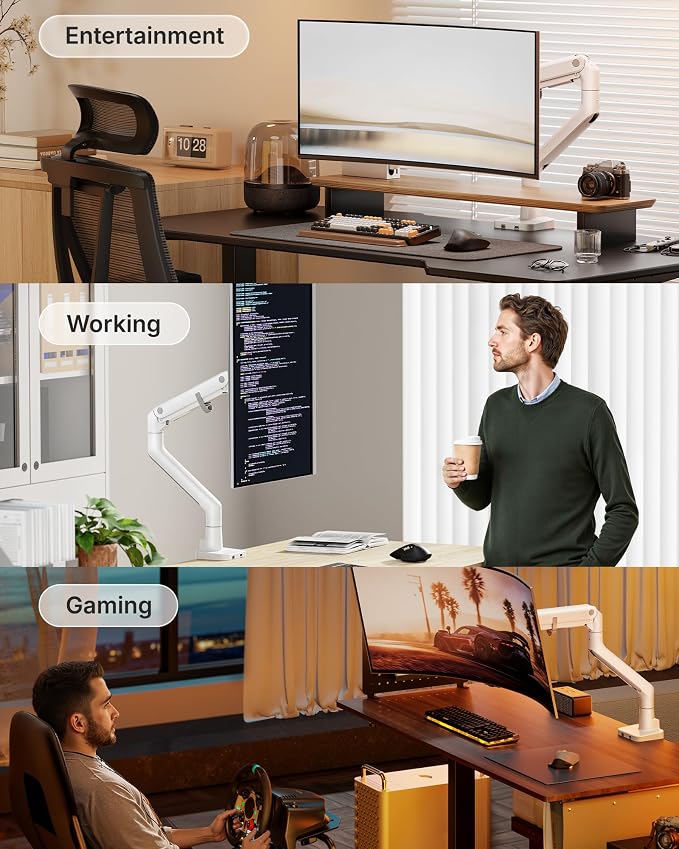 monTEK Heavy Duty Monitor Arm, 17-57" Ultrawide, Gas Spring, with USB，White | Desk Monitor Mount Holds Max 57" Ultrawide Curved Screen Up to 59.4 lbs with USB 3.0A/C,No Sag,Clamp & Grommet Arm,75/100VESA