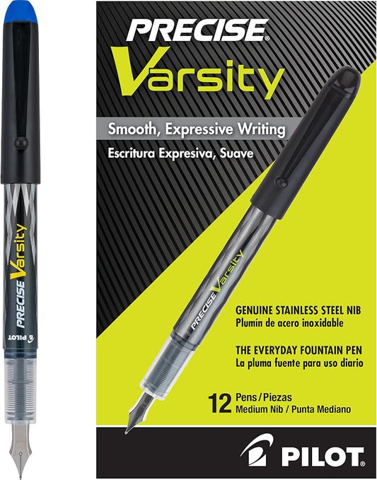 Pilot Precise Varsity Pre-Filled Fountain Pens for Writing, Medium Point Stainless Steel Nib, Blue Ink, 1.0mm, 12-Pack