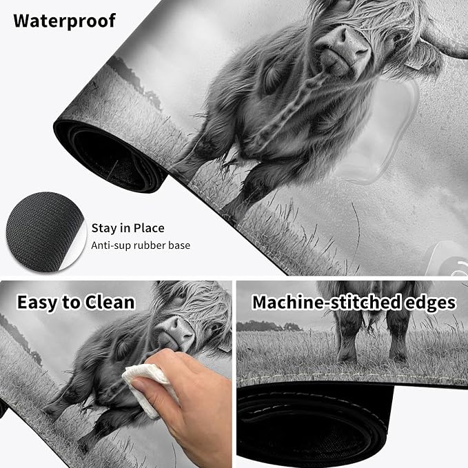 Warm Desk Pad,Heated Desk Pad,Office Mat,3 Heating Levels & 3 Hours Auto Shut-Off,31.5"*13" Gaming Mouse Laptop Keyboard Leather Desk Mat,Cute Highland Cow Black