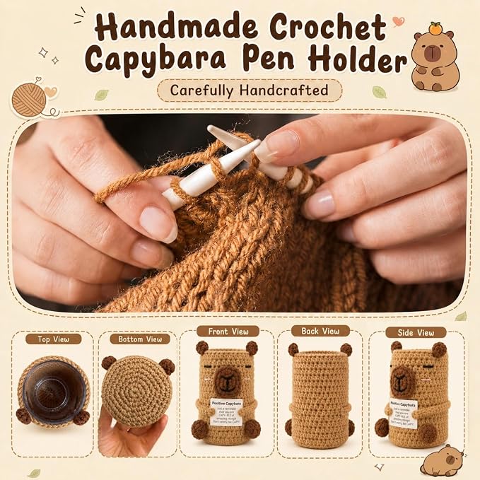Positive Crochet Capybara Pen Holder - Cute Knitted Desk Organizer for Pens & Makeup Brushes, Funny Emotional Support Capybara Gift for Office & Teachers (Color‌1)
