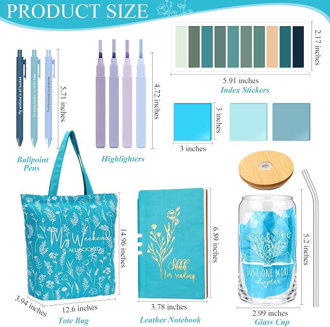 Havawish 14 Pcs Book Lovers Gift for Women 16 oz Glass Cup Tote Bag A6 Journal Notebook Pens Highlighters Sticky Notes Back to School Teacher Librarian Bookish Book Club(Greenish Blue,Aesthetic)