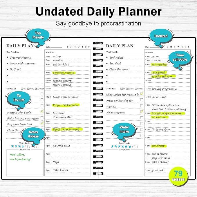 Daily Planner Undated, Asten To Do List Notebook Hourly Schedules Spiral Appointment Planner for Men and Women,PVC Hardcover,Elastic Closure, Inner Pocket 8.3" x 5.8" (Black)