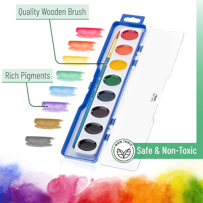 Mr. Pen- Washable Watercolors, 2 Pack, 8 Colors with Paint Brush | Safe & Non-toxic, Water Color Painting Kids, Watercolor Paint Set for Kids and Adults, Children, Students & Beginners