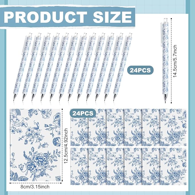 Engrowtic 24 Set Blue and White Floral Mini Notebooks and Ballpoint Pens Chinoiserie Vintage Pocket Notepads Gel Pens Small Journals for Bridal Wedding Baby Shower