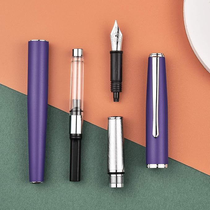 Hongdian 920 Purple Metal Fountain Pen Medium Nib Classic Pen, Includes Refillable Converter and Pen Pouch