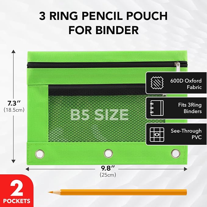 3 Ring Pencil Pouch for Binder, 2-Pocket Zipper Pencil Case with Clear Window & Mesh Pocket, 600D Oxford Fabric Binder Pouch for School Office Supplies, Fits Standard 3-Ring Binders, Green