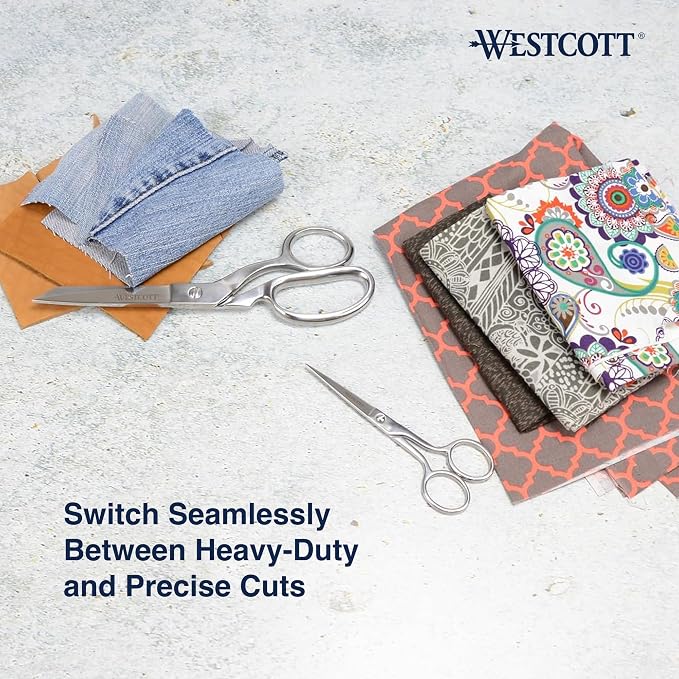 Westcott Forged 8in & 5in Scissors for Fabric and Paper Crafts, 2-Pack, Detail Snips and Heavy Duty Shears, Dressmaker Shears for Sewing, Tailoring, Quilting, Art, Office