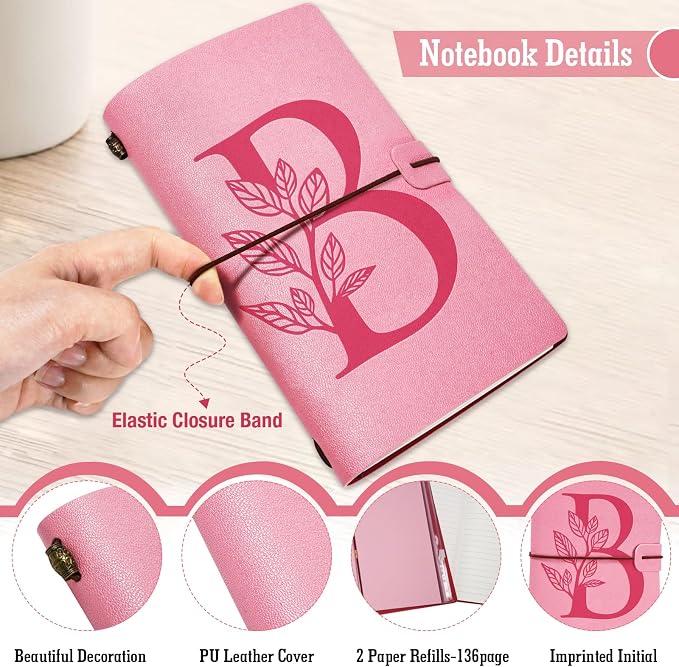 Personalized Journal Gift-Pink Initial Leather Journal+Heart Diamond Pen Set,Travel Notebook Diary Gifts,Refillable Notepads,Christmas,Birthday Gifts for Women Girls (7.9"x4.7") (B)