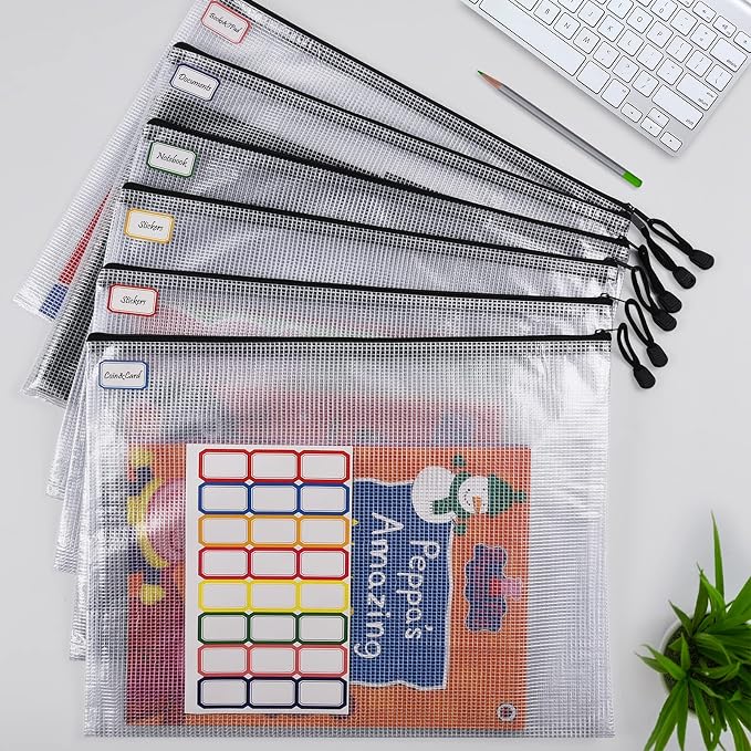 A3 Mesh Zipper Pouch Bag, 6PCS Waterproof Plastic Mesh Zipper Bag, Black | 17×12 Inch Tear-Resistant Document Pouch, Extra Large Zip File Bags, for School Classroom Office Supplies Home Travel Storage