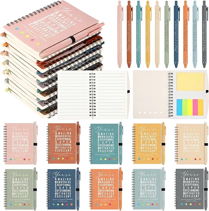 Jetec 100 Pcs/50 Sets Back to School Teacher Gifts Motivational Spiral Notebook with Sticky Notes Pen Bulk Inspirational Journals Thank You Gift for Employee Coworker Birthday Party (Light Morandi)