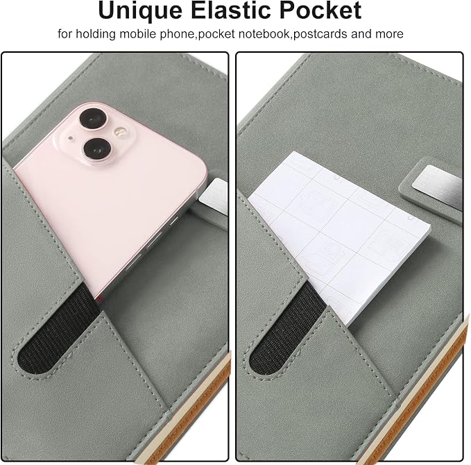A5 Lined Leather Journal with Pen, 240 Pages Refillable Hardcover Notebook with Pocket and Magnetic Buckle, 80gsm Thick Daily Diary for Men and Women, Great Gift for Business Travel Personal - Gray