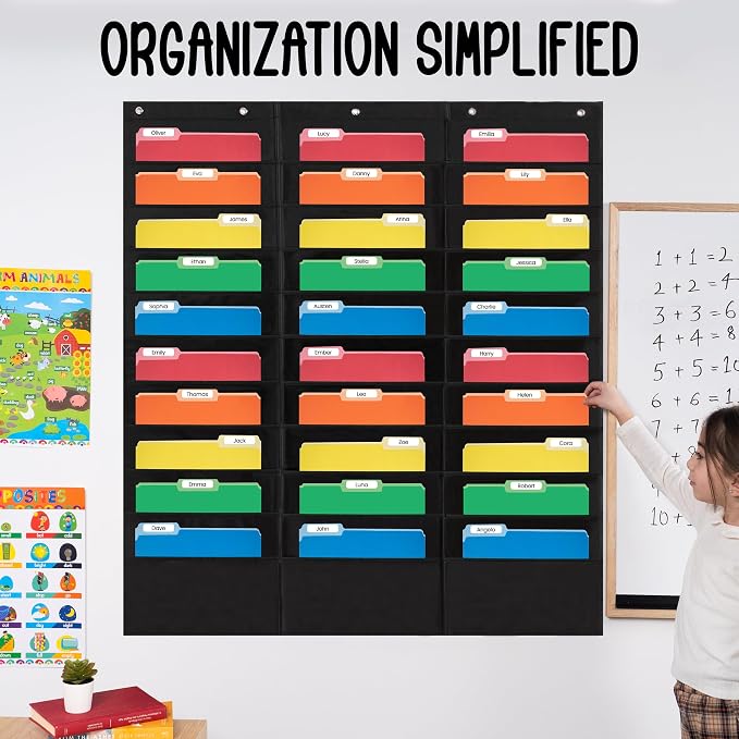 Essex Wares - 30 Pocket File Pocket Chart, Black, 42" Wide x 47" Tall - Versatile Wall Hanging File Folder Organizer for Classroom, Office, Home, and More - Wall Folder Organizer - 30 Pockets