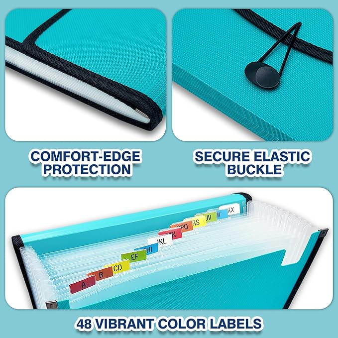 H4D 13-Pocket Accordion File Organizer, Expanding File Folder, Teal | Extra Back Mesh Pocket, Letter Size Paper, Pre-Printed and Customizable Labels, Expandable Document Organizer