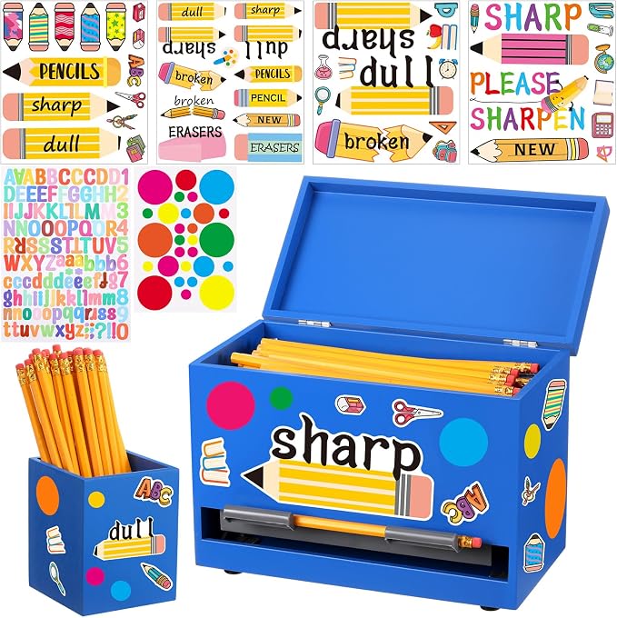 Mifoci 8 Pcs Wooden Pencil Dispenser Kit for Classroom Wooden Pen Holder Straw Dispenser Sharp and Dull Letter Stickers for Teachers Classroom Supplies Storage (Royal Blue)