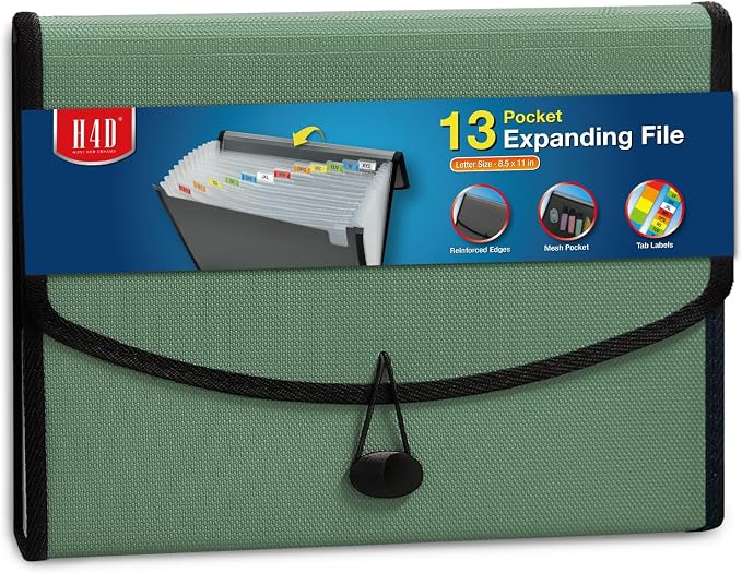 H4D 13-Pocket Accordion File Organizer, Expanding File Folder, Sage | Extra Back Mesh Pocket, Letter Size Paper, Pre-Printed and Customizable Labels, Expandable Document Organizer