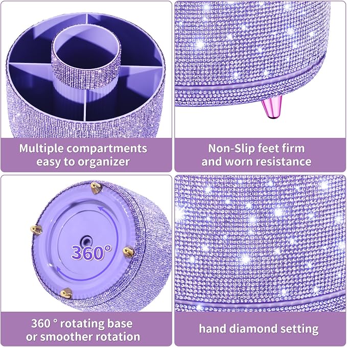 fanado Bling Diamond Makeup Brush Holder, 360° Rotating Makeup Organizer, 5 Slot Make up Brushes Cup for Countertop, Storage for Cosmetics Pen Eyeliner Skincare on the Vanity (Diamond Purple)