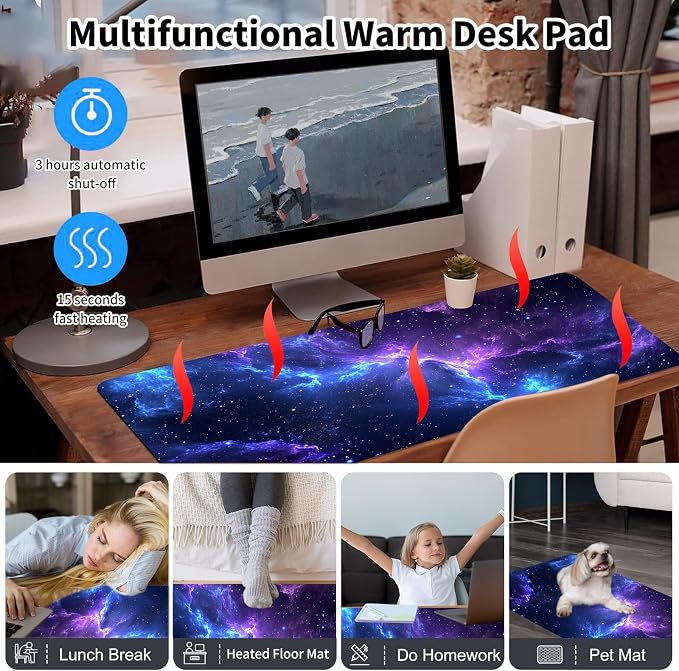Warm Desk Pad,Heated Desk Pad,Office Mat,3 Heating Levels & 3 Hours Auto Shut-Off,31.5"*13" Gaming Mouse Laptop Keyboard Leather Desk Mat,Blue Purple Glitter Sky