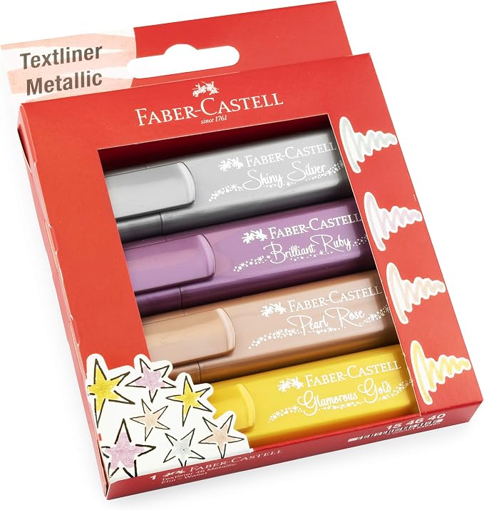 Faber-Castell Metallic Highlighters - 4 Glitter Highlighter Pens for Journaling and Note Taking, Study Supplies