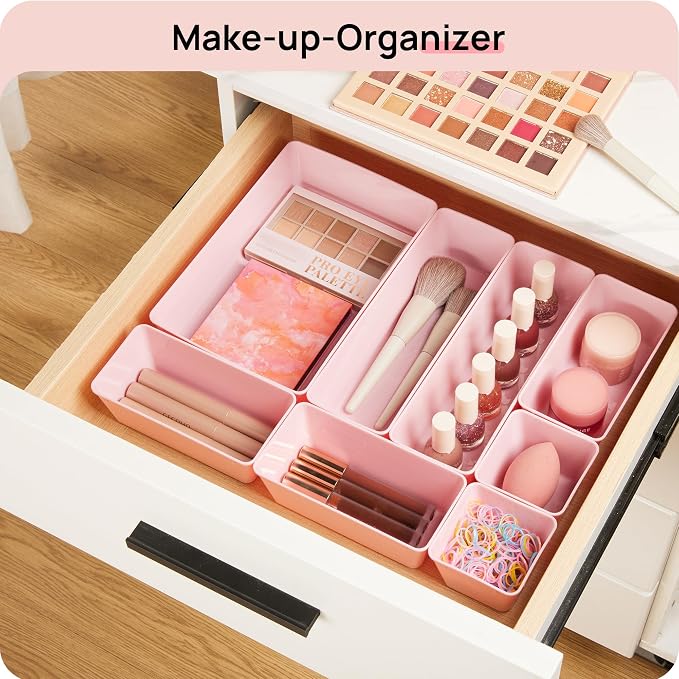 Vtopmart 25 PCS Plastic Drawer Organizers Set, 4-Size Versatile Bathroom and Vanity Drawer Organizer Trays, Storage Bins for Makeup, Bedroom, Kitchen Gadgets Utensils and Office | 4-Size Versatile Makeup Organizer, Storage Containers Small Bins for Mak...