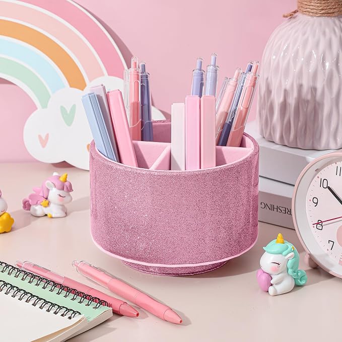 Epakh PU Leather Glitter Pen Holder 360 Degree Spinning Pink Bling Pencil Cup Gift for Teacher Women Girls Makeup Brush Organizer Cup Desk Office Classroom Home Back to School Gift (6 Inch)