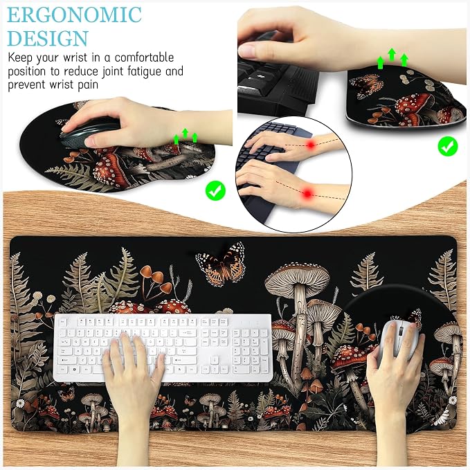 LIMKRIAN Mushroom Mouse Pad Set Large Desk Matt for Desktop Decor | Ergonomic Mouse Pad Wrist Rest, Gaming Computer Mat Keyboard Wrist Support, Coaster, Home Office Desk Accessories Supplies