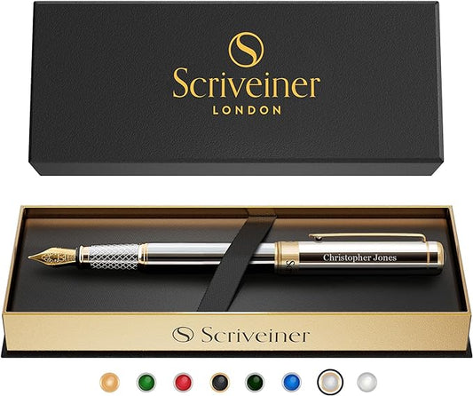 Scriveiner Personalized Silver Chrome Fountain Pen - Stunning Luxury Pen, Real Gold Plating, Schmidt Gilded Nib (Medium) Best Engraved Pen Gift Set for Men & Women, Custom Name Engraving