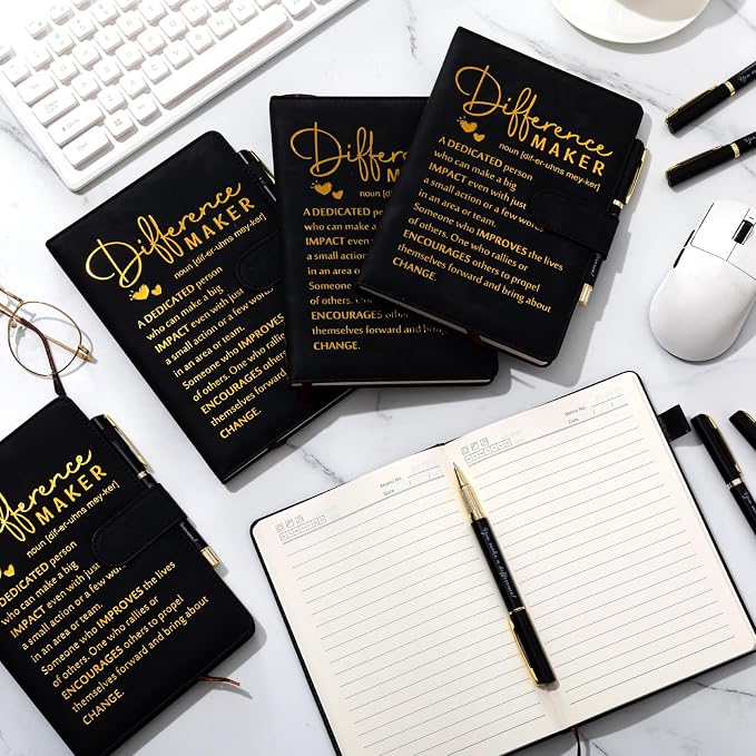 Kosiz 20 Pcs/10 Sets Employee Appreciation Gift Bulk A5 Leather Notebook Inspirational Journal Pen Thank You Gift for Men Women Coworker Teacher Office Back to School(Black,Difference Maker)
