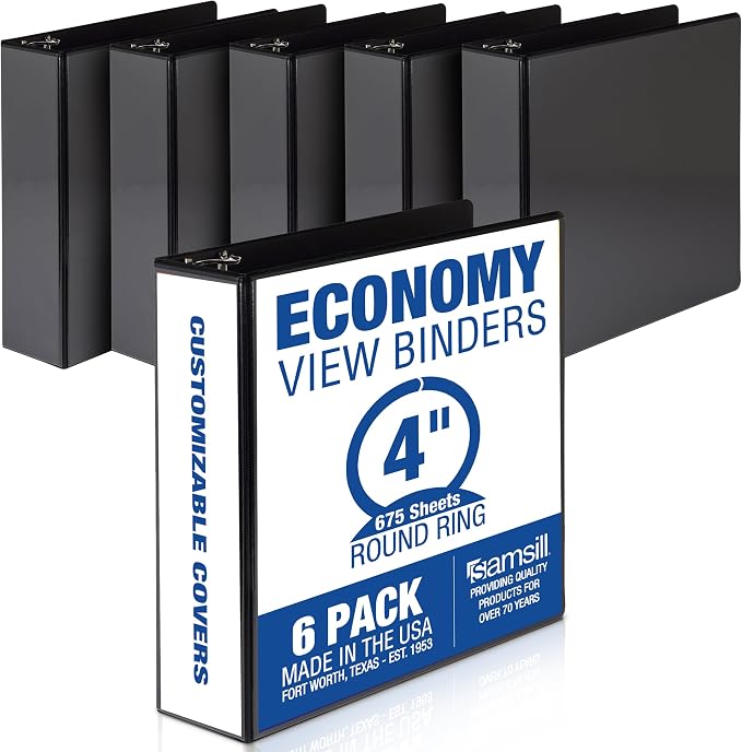 Samsill 4 Inch 3 Ring Binders, Economy Round Ring, Clear View Cover, 675 Sheet Capacity - for School, Home, Office - Black, 6 Pack