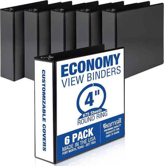 Samsill 4 Inch 3 Ring Binders, Economy Round Ring, Clear View Cover, 675 Sheet Capacity - for School, Home, Office - Black, 6 Pack