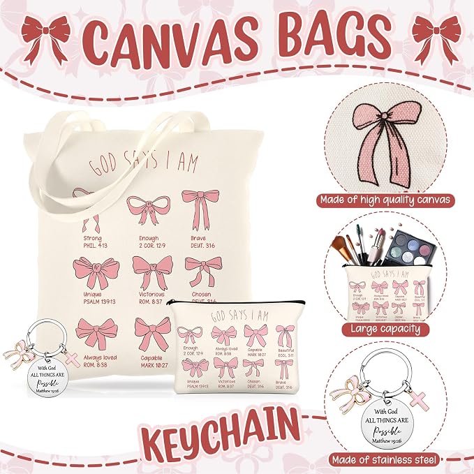 Kinlop 5 Pcs Gift Set for Women Include Tote Bag Canvas Cosmetic Bag Coil Notebook Keychain and Ballpoint Pen for Women Girls (Pink Bow,Pink)