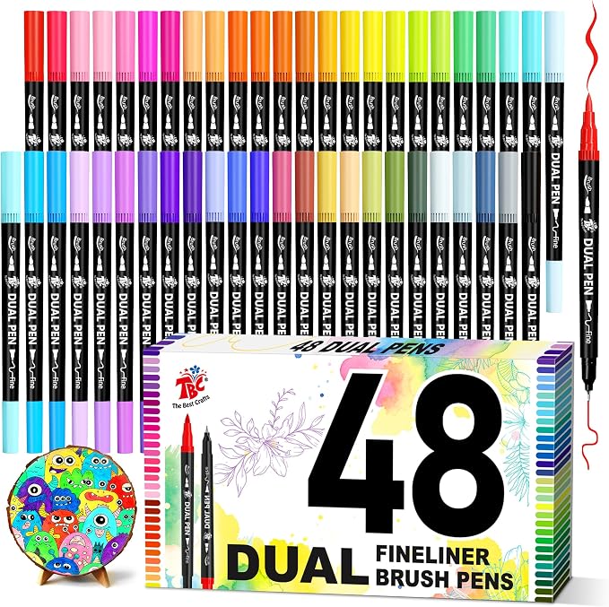 Brush Pens for Adult Coloring Books, 48 Colors Dual Tip Art Markers – Fine Tip for Outlining + Brush Tip for Coloring, Water-Based Non-Bleeding Markers for Journaling, Calligraphy, Hand Lettering