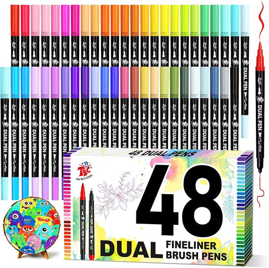 Brush Pens for Adult Coloring Books, 48 Colors Dual Tip Art Markers – Fine Tip for Outlining + Brush Tip for Coloring, Water-Based Non-Bleeding Markers for Journaling, Calligraphy, Hand Lettering
