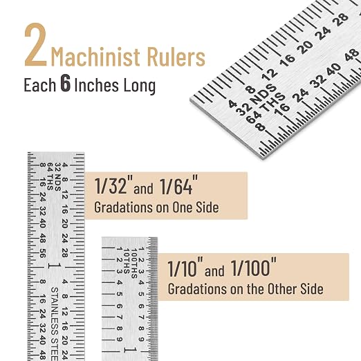 Mr. Pen- Machinist Ruler, 6 Inch, 2 Pack, Stainless Steel Imperial | Precision Measuring Tool, 1/10, 1/100, 1/32, 1/64 Inch Graduation for Engineering, Carpentry, Drafting, Office, School