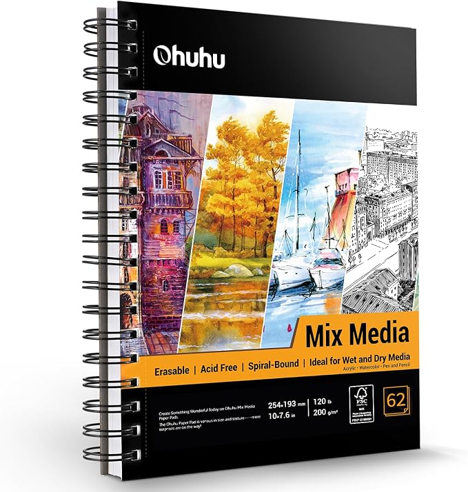 Ohuhu Mix Media Pad, 7" x 10" Mixed Media Art Sketchbook, 120 LB/200 GSM Heavyweight Papers, 62 Sheets/124 Pages, Spiral Bound Mixed Media Paper Pad for Acrylic, Painting Christmas Gift