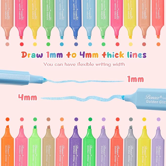 Glitter Highlighters, 6 Assorted Colors Quick-Dry Chisel Tip | Metallic Shimmer Finish | Water-Based for Journaling, Studying & Creative Projects